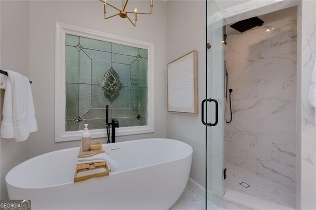 360 Hannaford Dr, Roswell, GA 30075 - full bathroom with a marble finish shower, a chandelier, marble finish floors, and a freestanding tub