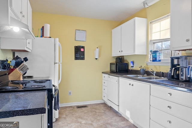 110 Clearview St, Clarkesville, GA 30523 - kitchen featuring black appliances, dark countertops, white cabinets, under cabinet range hood, and light tile patterned flooring