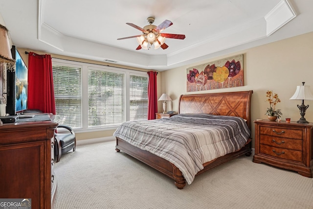 25 Hampreston Ct, Alpharetta, GA 30022 - bedroom featuring a raised ceiling, light carpet, crown molding, and ceiling fan