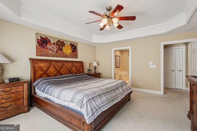 25 Hampreston Ct, Alpharetta, GA 30022 - bedroom with a raised ceiling, light colored carpet, crown molding, ensuite bathroom, and ceiling fan