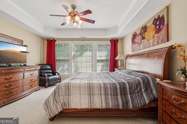 25 Hampreston Ct, Alpharetta, GA 30022 - carpeted bedroom featuring a raised ceiling, ornamental molding, and ceiling fan