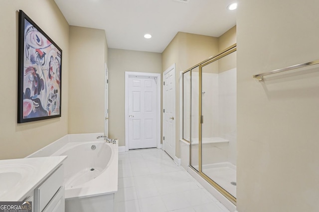 25 Hampreston Ct, Alpharetta, GA 30022 - bathroom with a bath, a shower stall, recessed lighting, vanity, and tile patterned flooring