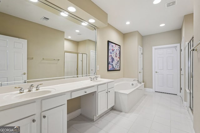 25 Hampreston Ct, Alpharetta, GA 30022 - full bath featuring a shower stall, a garden tub, double vanity, tile patterned flooring, and recessed lighting