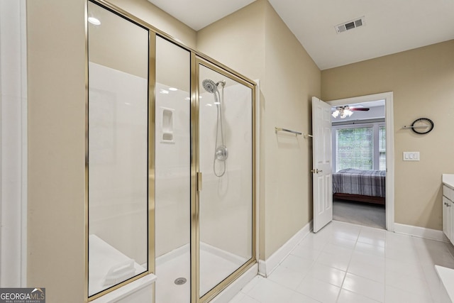 25 Hampreston Ct, Alpharetta, GA 30022 - ensuite bathroom featuring vanity, a stall shower, ceiling fan, and tile patterned floors