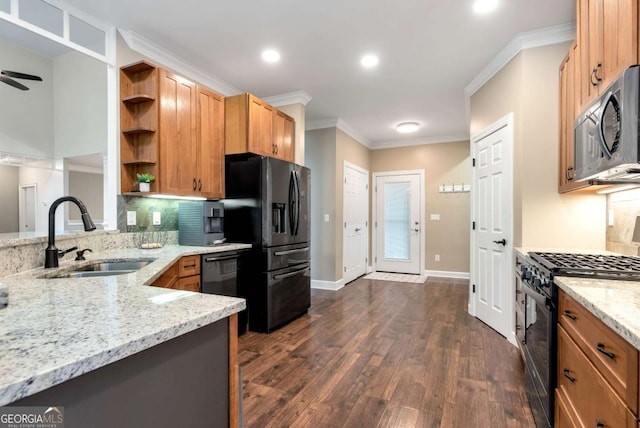 4882 Rabbit Farm Rd, Loganville, GA 30052 - kitchen featuring black appliances, open shelves, ornamental molding, light stone counters, and a ceiling fan