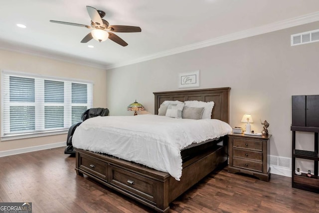4882 Rabbit Farm Rd, Loganville, GA 30052 - bedroom featuring ornamental molding, dark wood-type flooring, ceiling fan, and recessed lighting