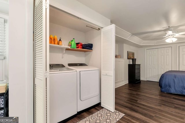 4882 Rabbit Farm Rd, Loganville, GA 30052 - washroom with washer and dryer, dark wood-style floors, and a ceiling fan
