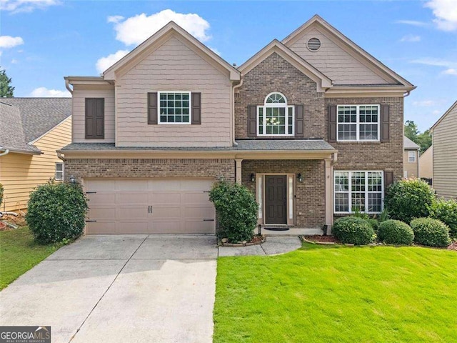 1786 Jameson Cir, Lawrenceville, GA 30043 - view of front of house featuring brick siding, a front yard, concrete driveway, and a garage