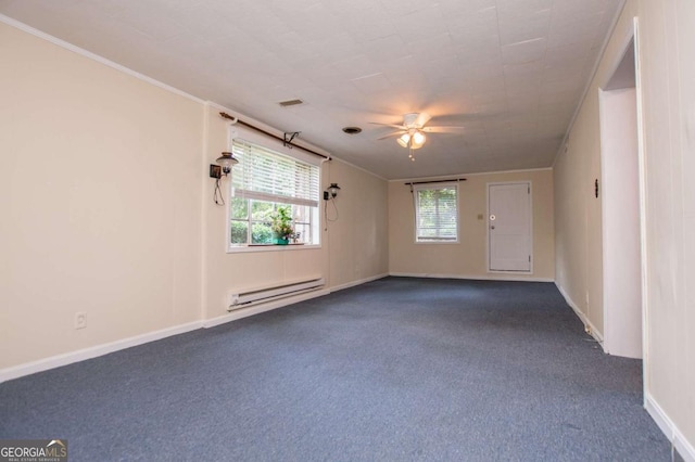 508 College St, Bowdon, GA 30108 - empty room with a baseboard heating unit, a ceiling fan, dark carpet, and ornamental molding