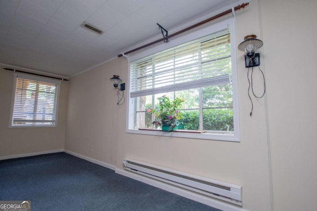 508 College St, Bowdon, GA 30108 - empty room with a baseboard radiator and dark carpet