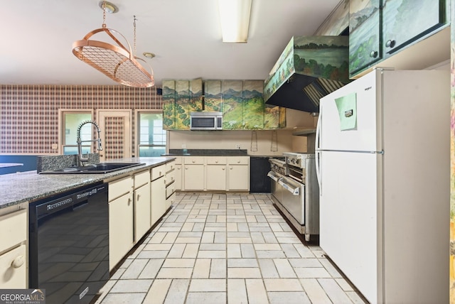 290 Bear Cave Trl, Lakemont, GA 30552 - kitchen featuring appliances with stainless steel finishes, custom exhaust hood, brick patterned flooring, white cabinets, and wallpapered walls