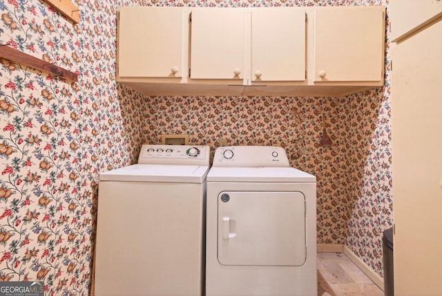 290 Bear Cave Trl, Lakemont, GA 30552 - laundry room featuring cabinet space, wallpapered walls, and washing machine and dryer