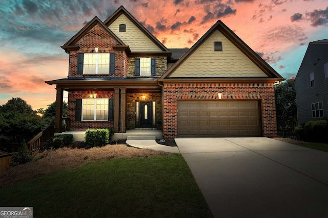 6665 Flagstone Ct, Cumming, GA 30028 - view of front facade featuring brick siding, driveway, a garage, and a porch