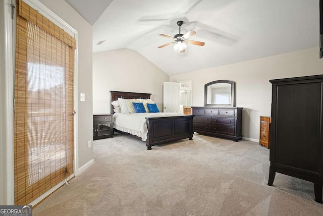 6665 Flagstone Ct, Cumming, GA 30028 - bedroom featuring lofted ceiling, light carpet, and a ceiling fan