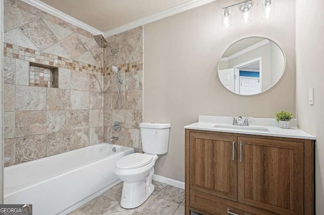 6665 Flagstone Ct, Cumming, GA 30028 - bathroom featuring crown molding, vanity, and shower / washtub combination