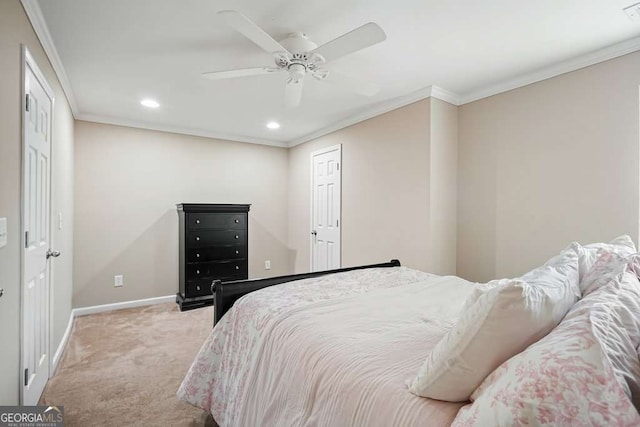 6665 Flagstone Ct, Cumming, GA 30028 - bedroom with light colored carpet, crown molding, recessed lighting, and ceiling fan