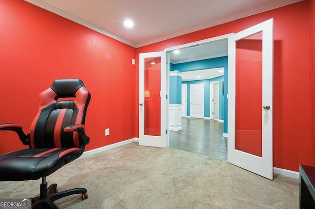 6665 Flagstone Ct, Cumming, GA 30028 - carpeted office featuring french doors, ornamental molding, and recessed lighting