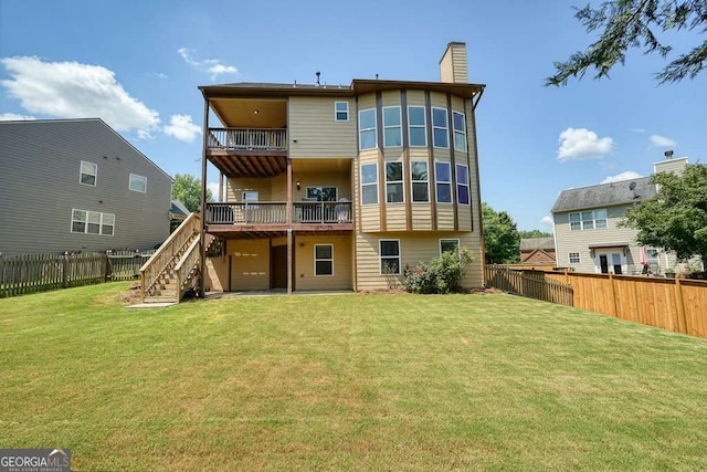 6665 Flagstone Ct, Cumming, GA 30028 - rear view of property with stairs, a fenced backyard, a chimney, a deck, and a balcony
