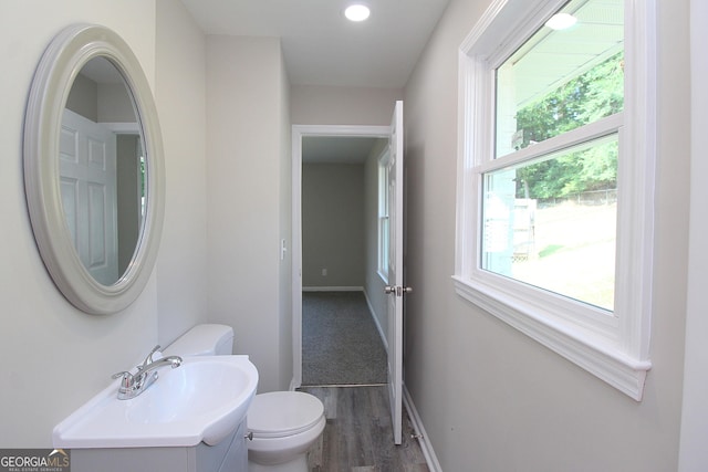 413 Spring Village Rd SE, Lindale, GA 30147 - half bathroom with wood finished floors, vanity, and recessed lighting