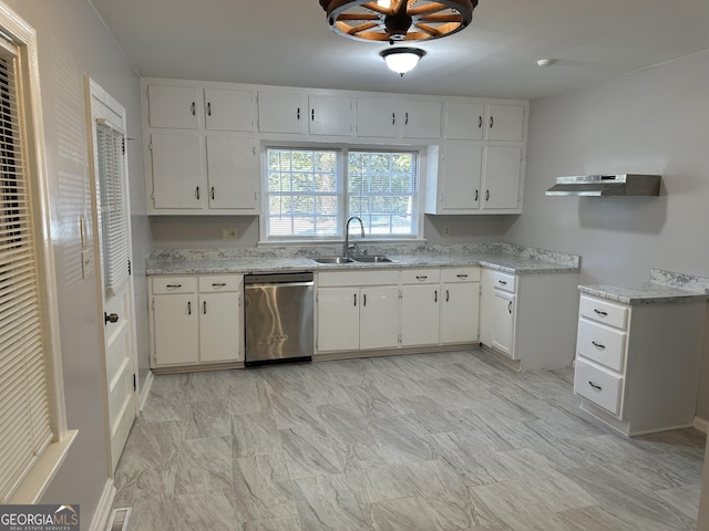 718 N Hairston Rd, Stone Mountain, GA 30083 - kitchen featuring dishwasher, ventilation hood, white cabinetry, and light stone counters