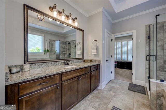 6863 Lake Sterling, Flowery Branch, GA 30542 - full bathroom featuring vanity, a stall shower, and crown molding