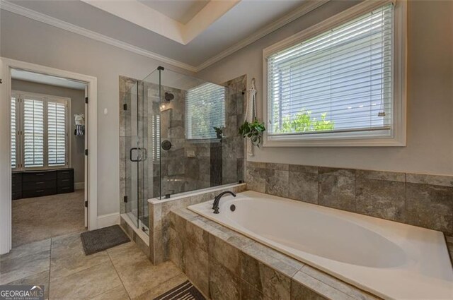 6863 Lake Sterling, Flowery Branch, GA 30542 - full bath featuring a garden tub, a stall shower, and crown molding