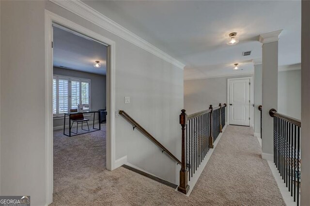 6863 Lake Sterling, Flowery Branch, GA 30542 - hall with an upstairs landing, carpet, and crown molding
