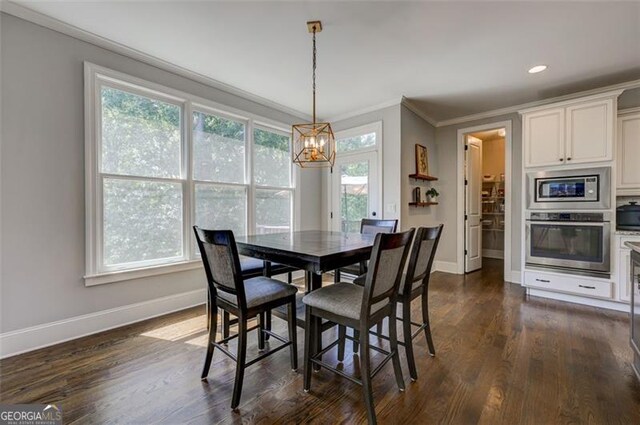 6863 Lake Sterling, Flowery Branch, GA 30542 - dining space featuring a chandelier, ornamental molding, healthy amount of natural light, dark wood-style floors, and recessed lighting