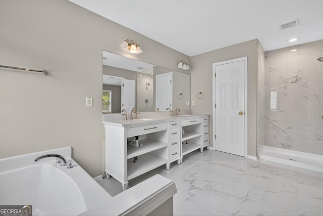 591 Wendlebury Ct, Alpharetta, GA 30004 - full bathroom featuring marble finish flooring, double vanity, a garden tub, a marble finish shower, and recessed lighting