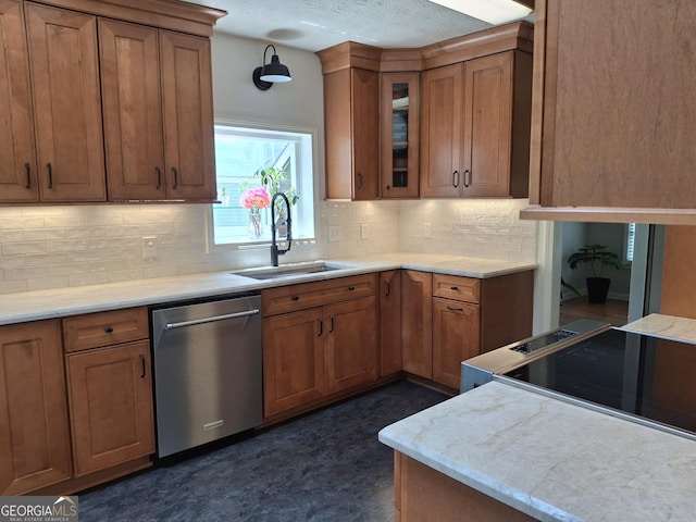 1131 Steeple Run, Lawrenceville, GA 30043 - kitchen with stainless steel dishwasher, brown cabinets, tasteful backsplash, glass insert cabinets, and a textured ceiling