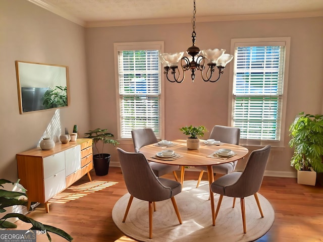 1131 Steeple Run, Lawrenceville, GA 30043 - dining space with a chandelier, ornamental molding, wood finished floors, and a textured ceiling