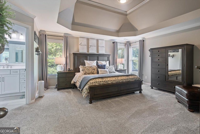 428 Gold Xing, Canton, GA 30114 - bedroom featuring light carpet, crown molding, a raised ceiling, and ensuite bath
