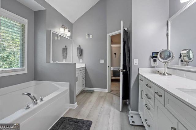 428 Gold Xing, Canton, GA 30114 - bathroom featuring vaulted ceiling, wood finished floors, healthy amount of natural light, vanity, and a garden tub