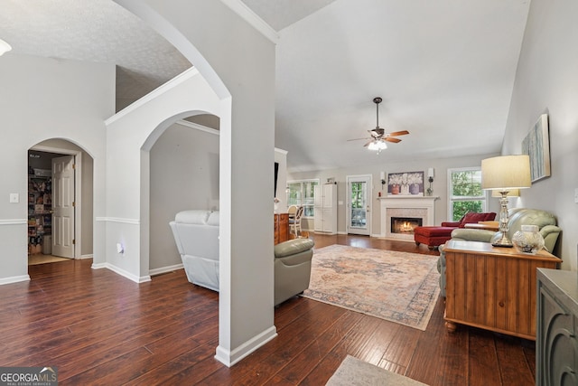 1535 Smoke Hill Dr, Hoschton, GA 30548 - living area featuring ceiling fan, hardwood / wood-style flooring, a lit fireplace, and lofted ceiling