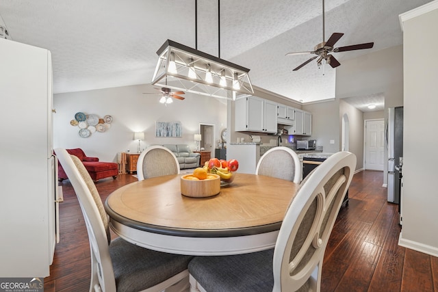 1535 Smoke Hill Dr, Hoschton, GA 30548 - dining space with a ceiling fan, a textured ceiling, dark wood-style flooring, and high vaulted ceiling