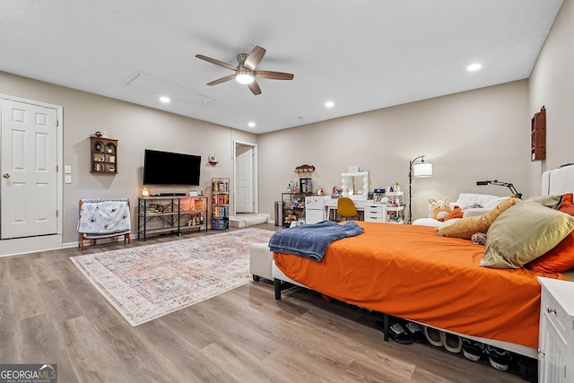 1535 Smoke Hill Dr, Hoschton, GA 30548 - bedroom with attic access, wood finished floors, recessed lighting, and ceiling fan