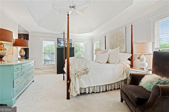295 Sagamore Cv NW, Sugar Hill, GA 30518 - bedroom with a raised ceiling, multiple windows, light colored carpet, ornamental molding, and ceiling fan