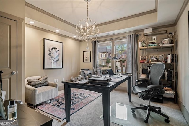 295 Sagamore Cv NW, Sugar Hill, GA 30518 - carpeted office featuring ornamental molding, a chandelier, a raised ceiling, and recessed lighting