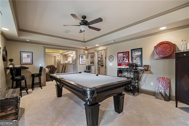 295 Sagamore Cv NW, Sugar Hill, GA 30518 - game room featuring a raised ceiling, light carpet, ceiling fan, pool table, and recessed lighting