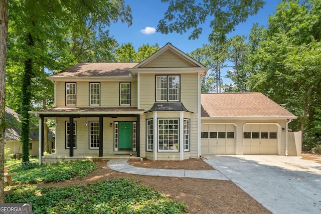 5055 Southland Dr, Woodstock, GA 30188 - view of front facade with a garage, driveway, a porch, and a shingled roof