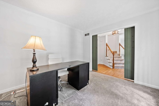 5055 Southland Dr, Woodstock, GA 30188 - carpeted office with ornamental molding and a chandelier