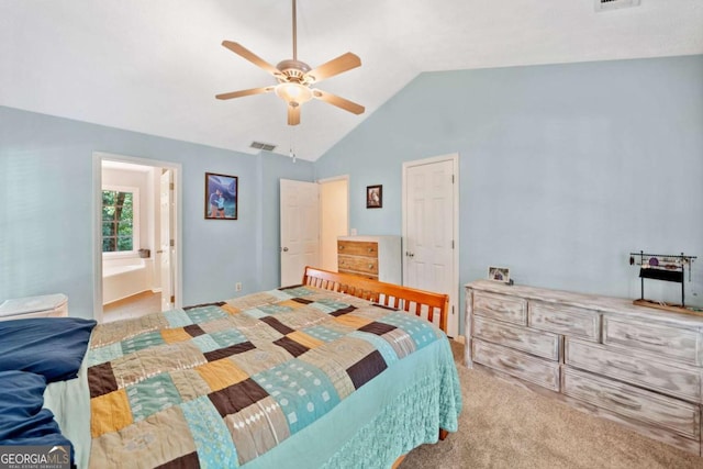 5055 Southland Dr, Woodstock, GA 30188 - bedroom with lofted ceiling, a ceiling fan, and connected bathroom