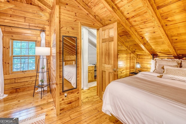 371 Abbott Top Rd, Ellijay, GA 30540 - bedroom featuring wooden walls, wooden ceiling, and light wood-style flooring