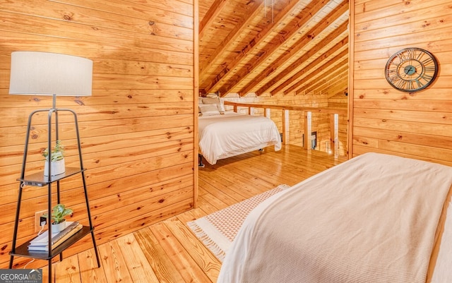 371 Abbott Top Rd, Ellijay, GA 30540 - bedroom featuring wood walls, lofted ceiling, hardwood / wood-style floors, and wood ceiling