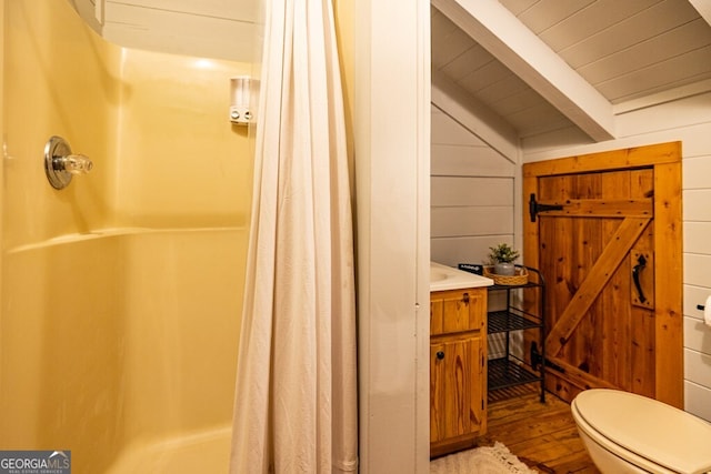 371 Abbott Top Rd, Ellijay, GA 30540 - full bath with a shower with curtain, wood-type flooring, vanity, a wooden ceiling with exposed beams, and wood walls