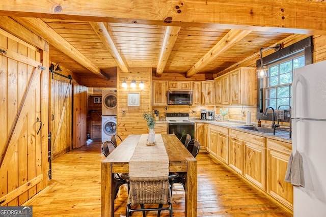 371 Abbott Top Rd, Ellijay, GA 30540 - kitchen with range with electric stovetop, freestanding refrigerator, a wooden ceiling with exposed beams, stacked washer / dryer, and stainless steel microwave