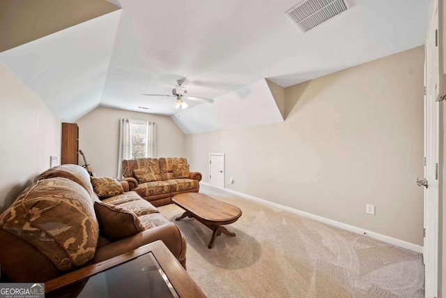 7198 Golfside Dr SE, Covington, GA 30014 - carpeted living area featuring lofted ceiling and a ceiling fan