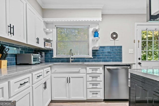 195 Sylvan Rd, Athens, GA 30606 - kitchen featuring stainless steel dishwasher, ornamental molding, white cabinetry, decorative backsplash, and open shelves