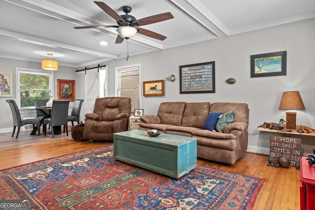 195 Sylvan Rd, Athens, GA 30606 - living room with a barn door, hardwood / wood-style floors, a ceiling fan, beam ceiling, and crown molding