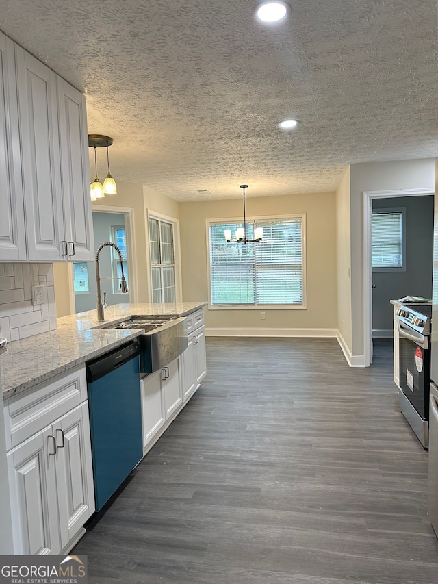 750 Flintlock Dr, Dacula, GA 30019 - kitchen featuring dishwasher, stainless steel range with electric cooktop, a chandelier, white cabinetry, and dark wood-style flooring